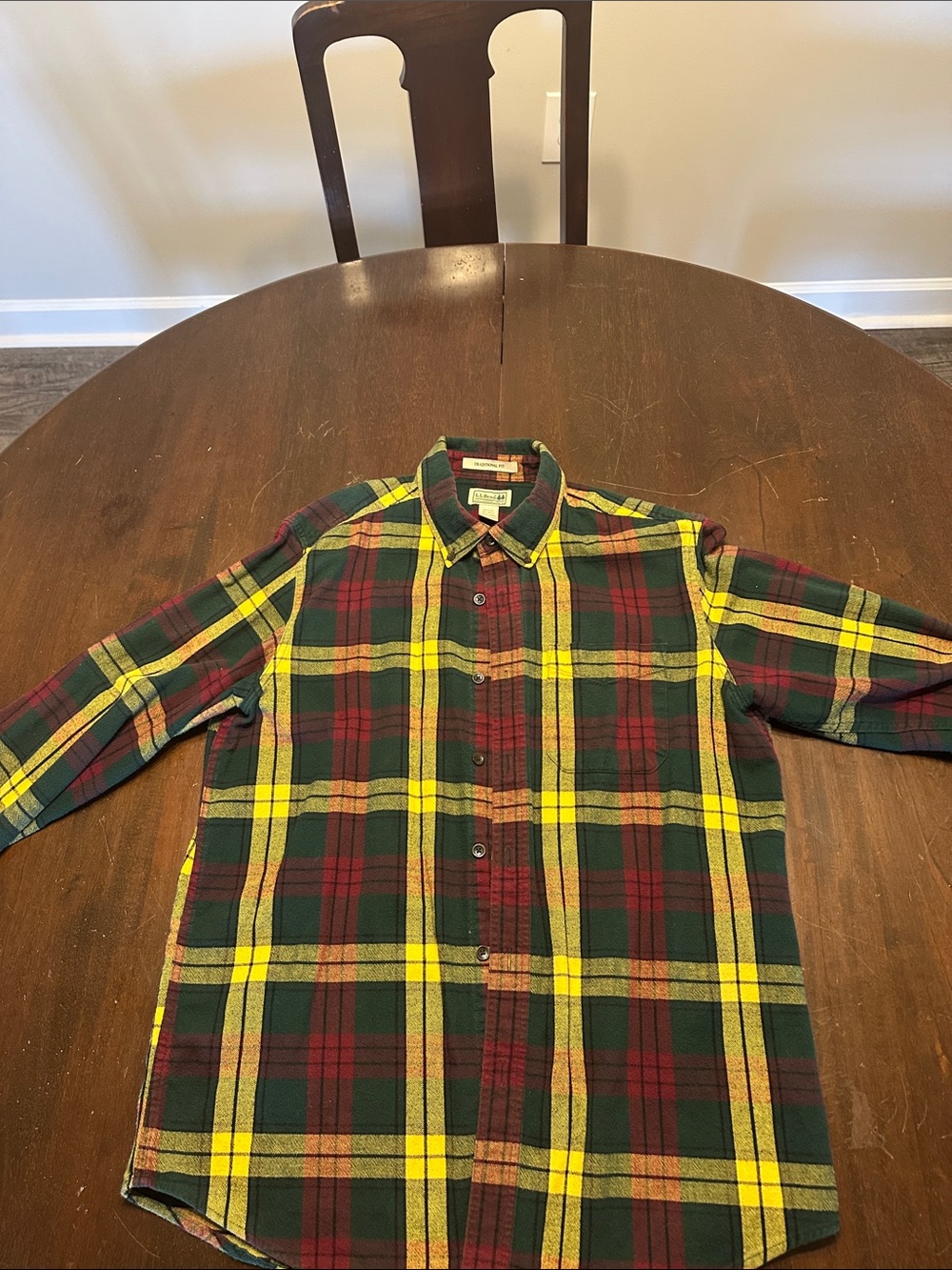 L.L. Bean Men's Plaid Button-Down Flannel Shirt - Green, Yellow & Red
